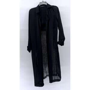 ZARA BASIC Women’s Black Sheer Lace Long Sleeve Open-Front Side-Slit Duster SZXS